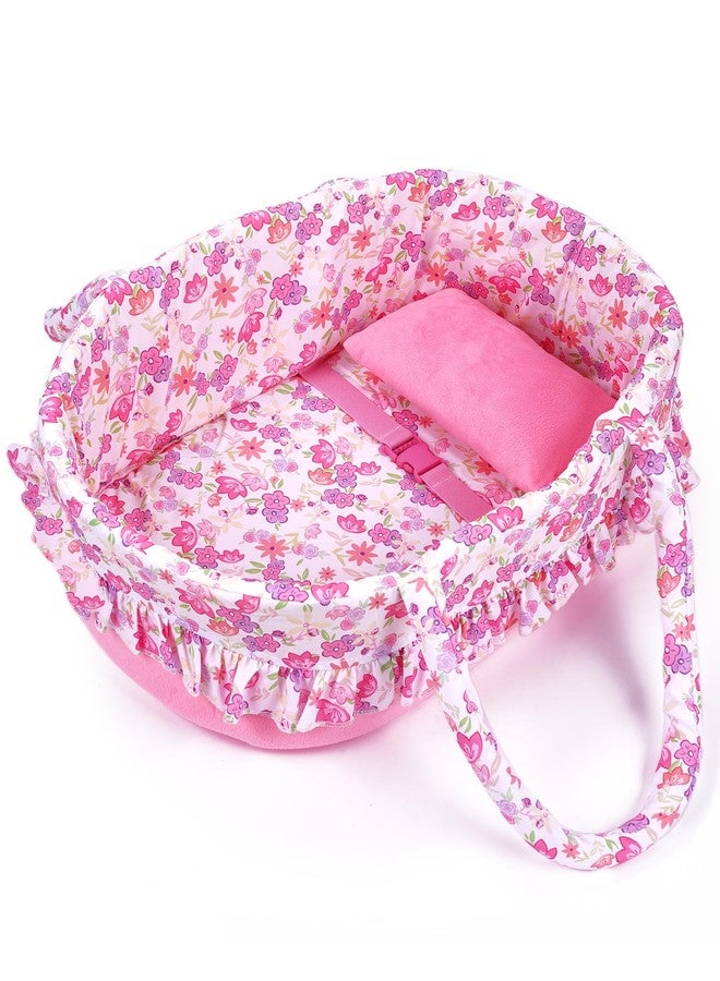 BABESIDE 2 Pcs Reborn Baby Doll Accessories, Pink Floral Baby Doll Bassinet with Pillow and Built-in Carrier, Foldable Doll Bed with Handle for 17-22 Inch Lifelike Dolls (Dolls Not Included) - Image 1